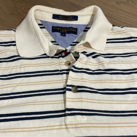 Tommy Hilfiger Vintage Cream Striped 90s Polo Men’s Short Sleeve Shirt Large - Picture 3 of 5